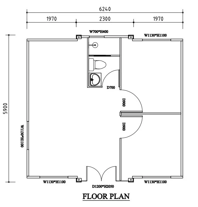 Floor plan with dimensions of a 6240 by 5900 unit