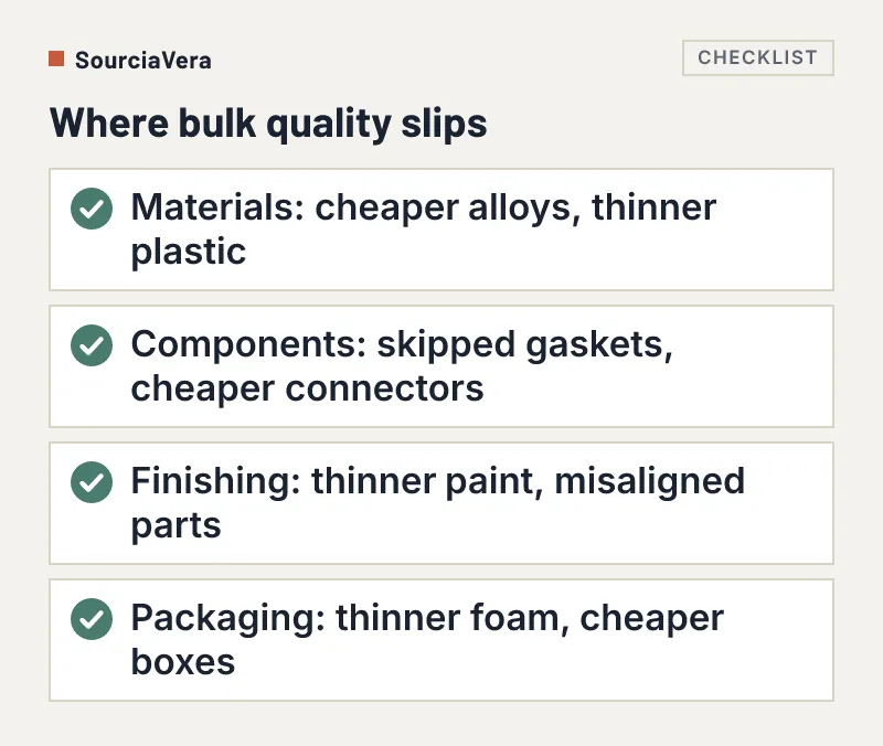 List of four areas where bulk quality slips: materials, components, finishing and packaging
