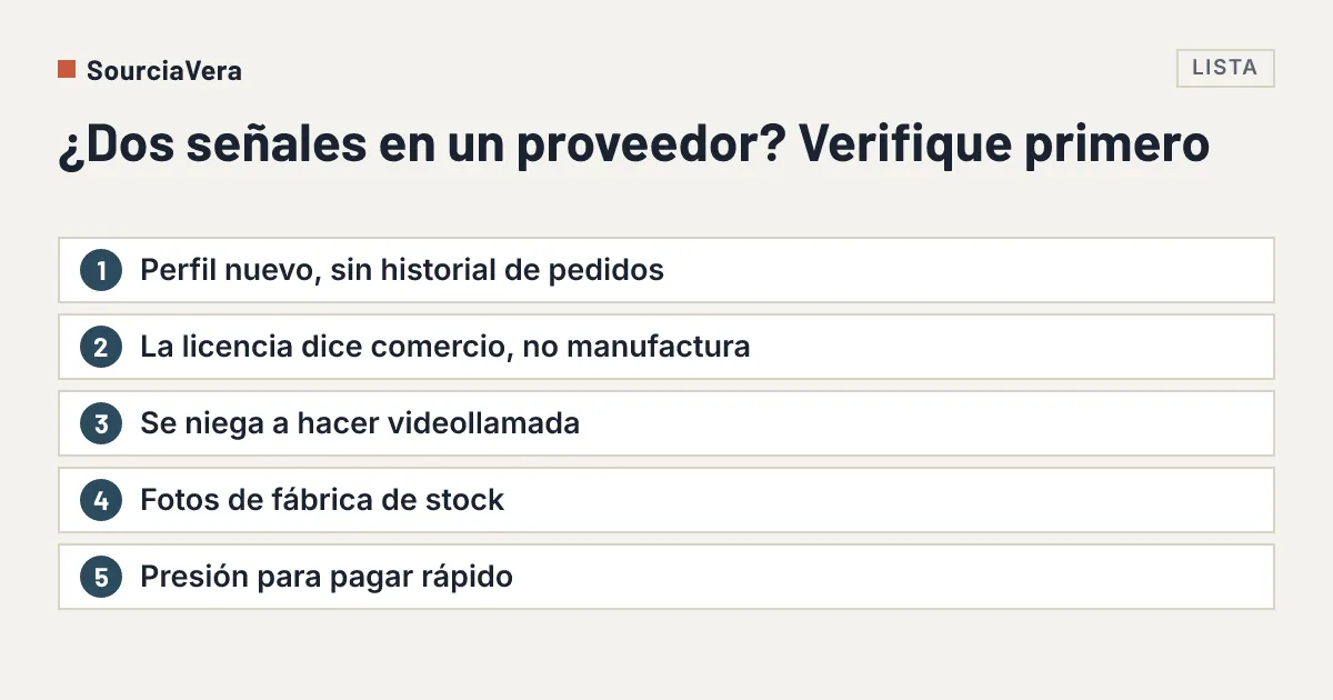 Diagrama: Lista de cinco señales de alerta de un proveedor de Alibaba que piden verificar antes de un anticipo