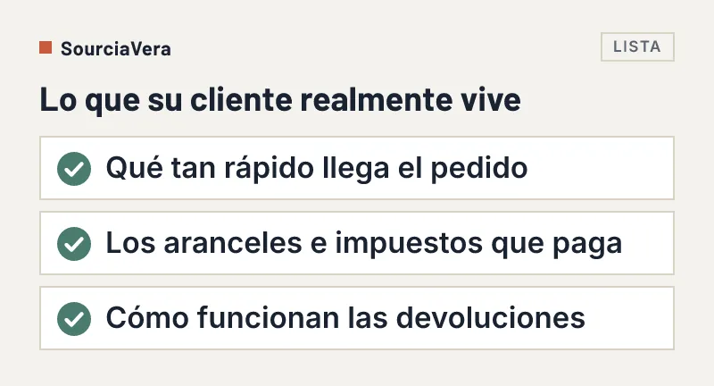 Lista de tres cosas que vive el cliente: velocidad de entrega, aranceles e impuestos, y devoluciones