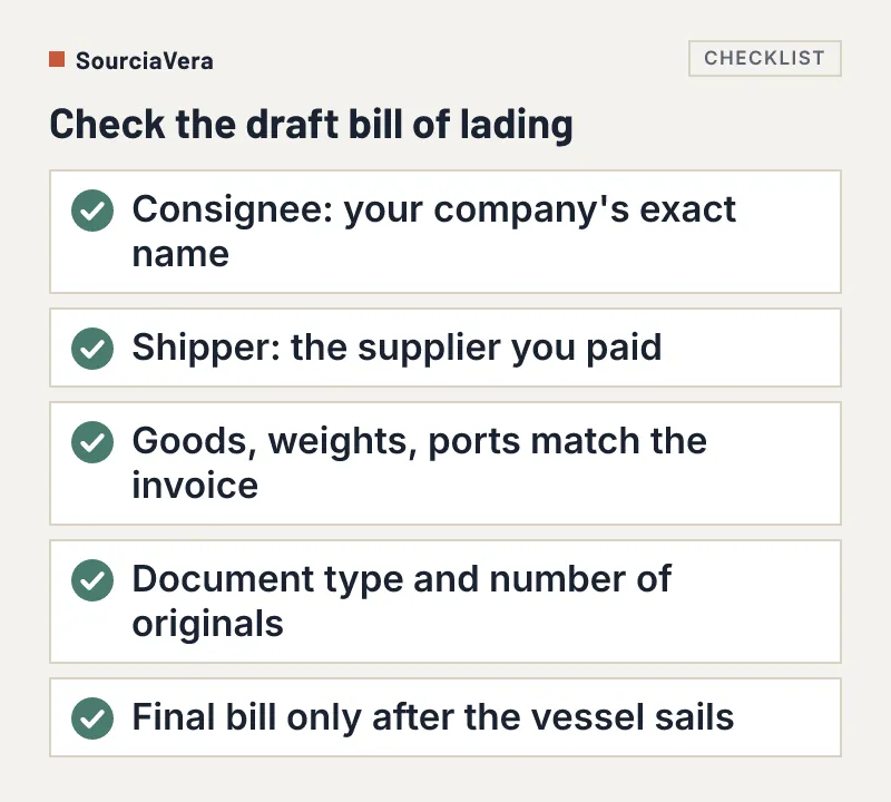 Checklist of five things to check on a draft bill of lading