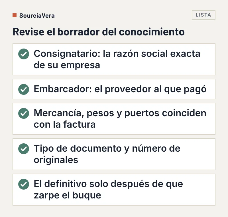 Lista de cinco puntos que revisar en un borrador de conocimiento de embarque