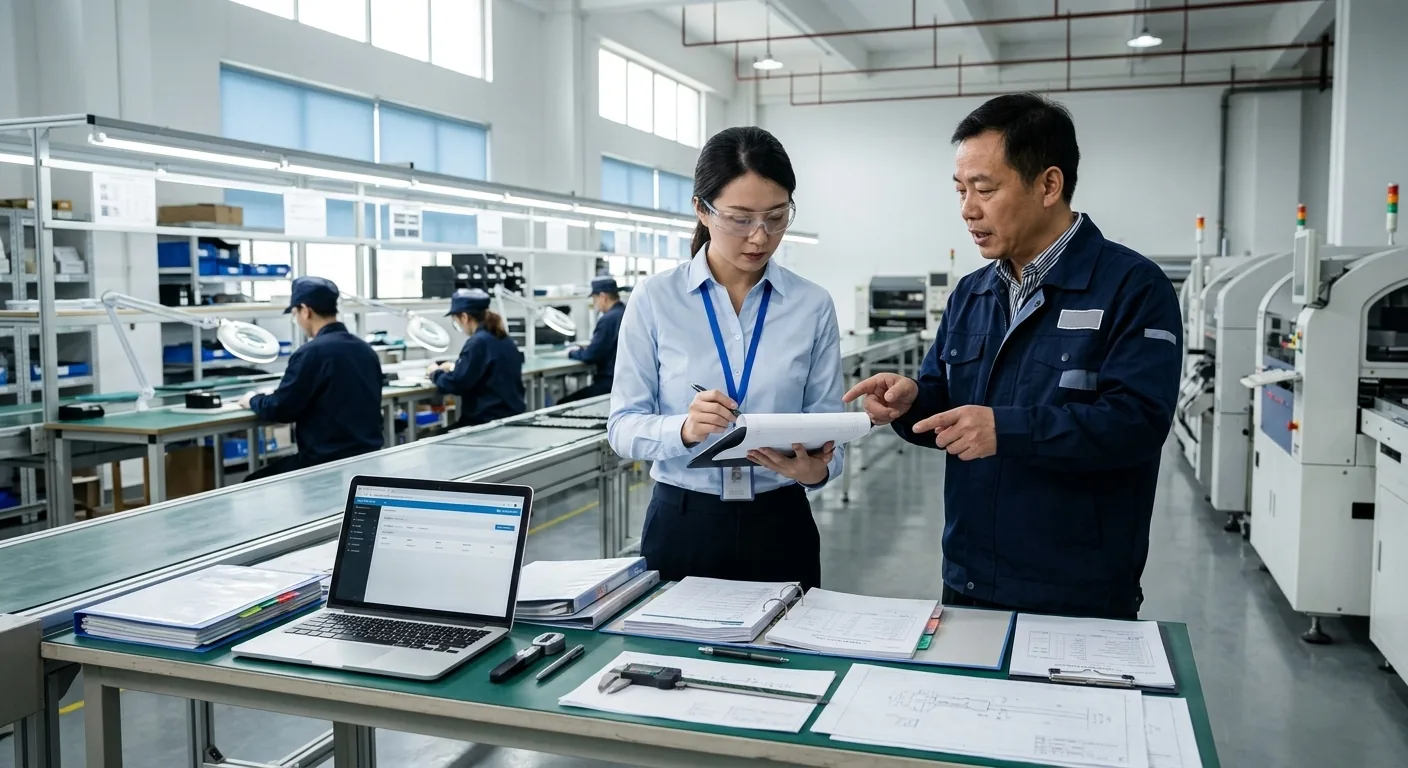 SourciaVera team reviewing factory documents on-site