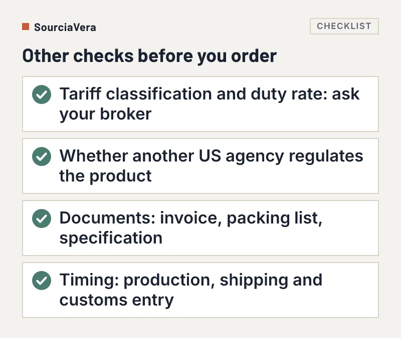Checklist of four additional checks for a US buyer ordering from Alibaba