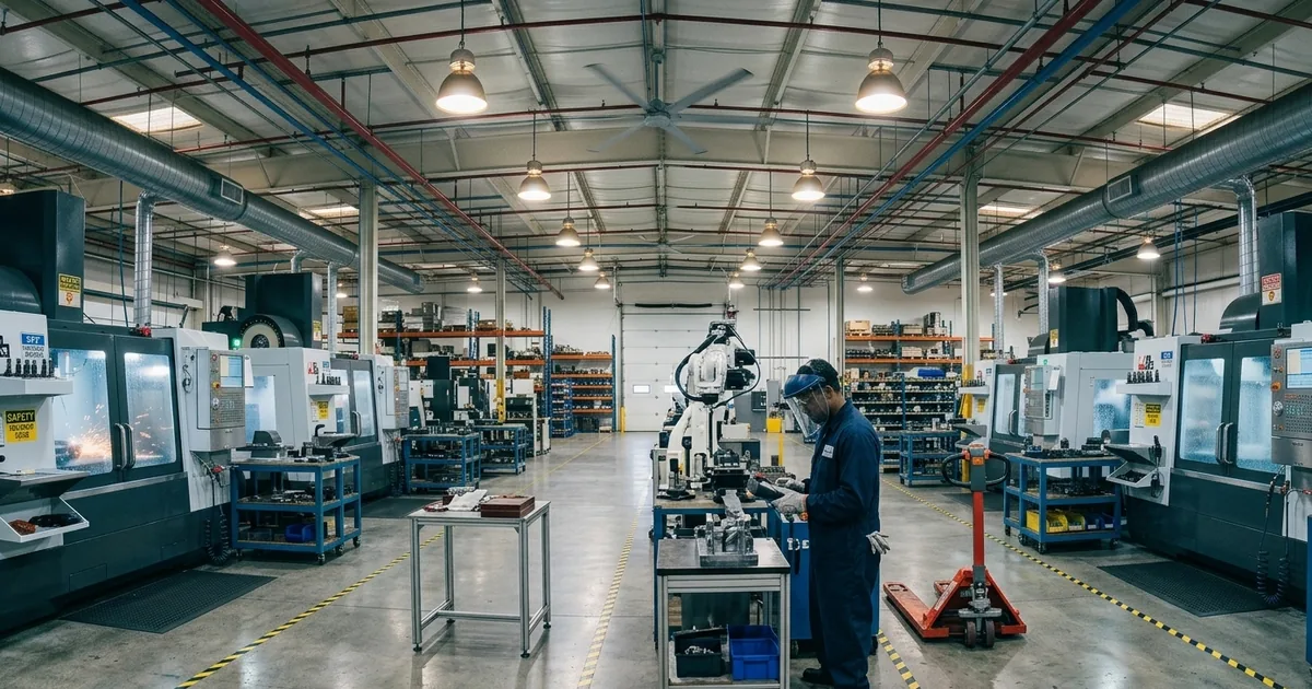 Technician working at a CNC machine in a large machining hall