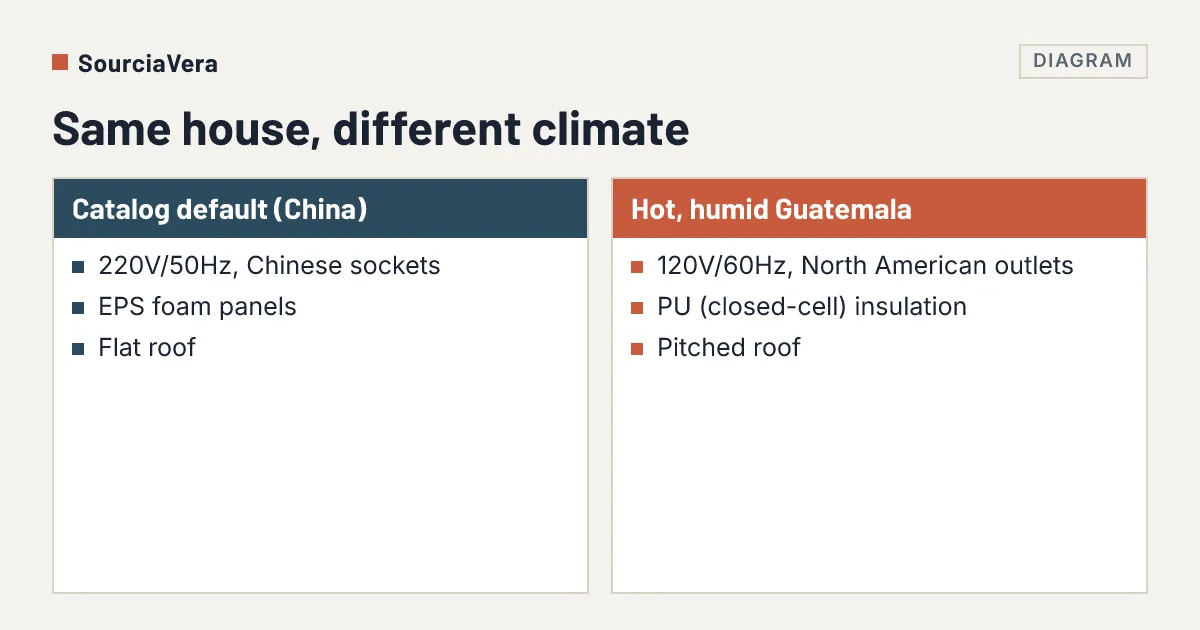 Diagram: Comparison of the factory catalog default with what a hot, humid climate needed: electrical, insulation and roof