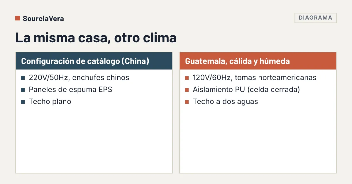 Diagrama: Comparación de la configuración de catálogo de la fábrica con lo que necesitaba un clima cálido y húmedo: electricidad, aislamiento y techo