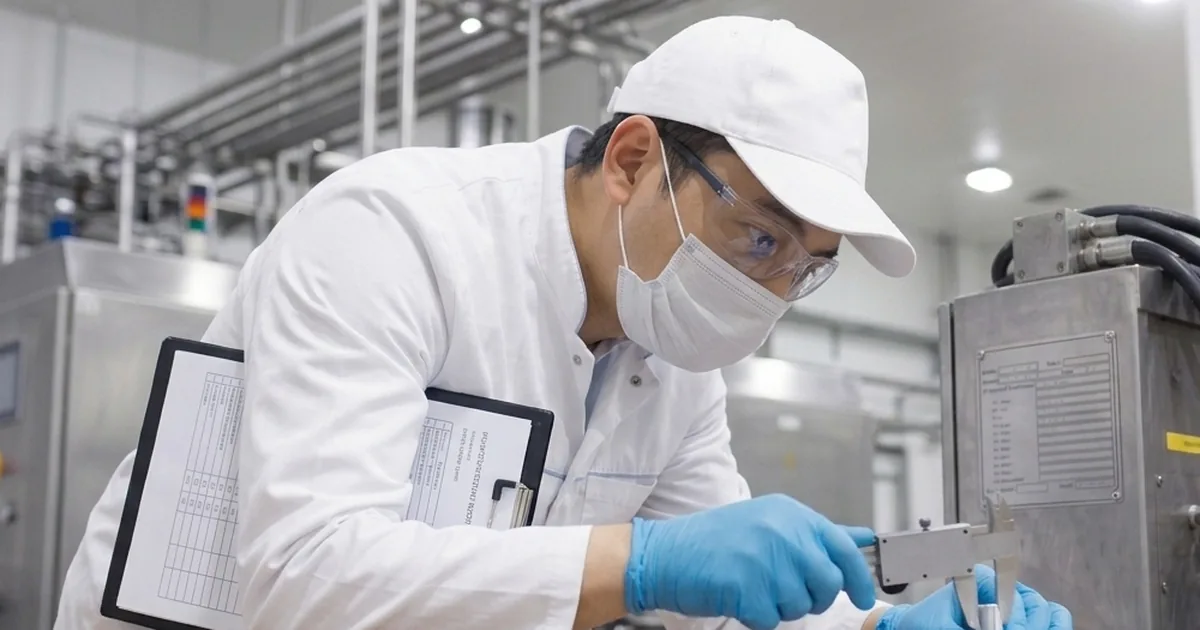 Inspector in a white coat and mask measuring a sample with a caliper, clipboard under one arm