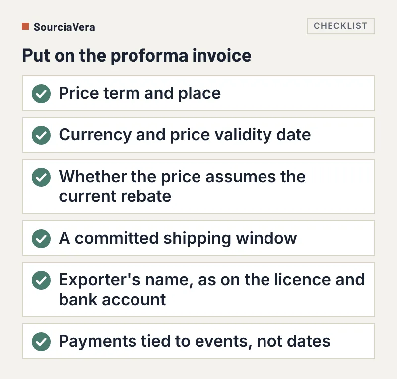 Checklist of six items to put on the proforma invoice before the export rebate changes