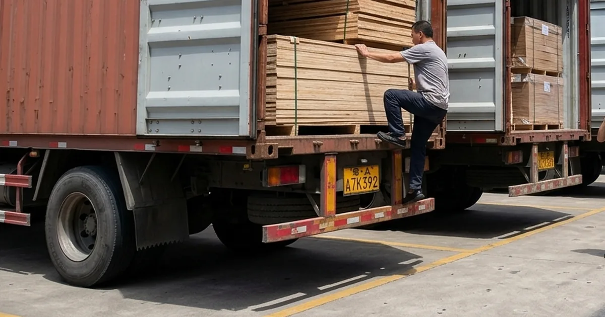 Cartons and wooden pallets beside container trucks at a factory loading yard