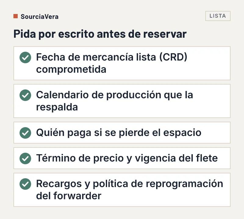 Lista de cinco puntos que pedir por escrito al proveedor y al forwarder antes de reservar espacio de contenedor