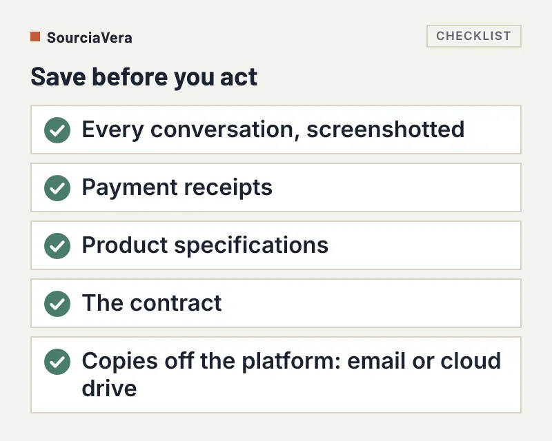 Checklist of evidence to save after an Alibaba scam
