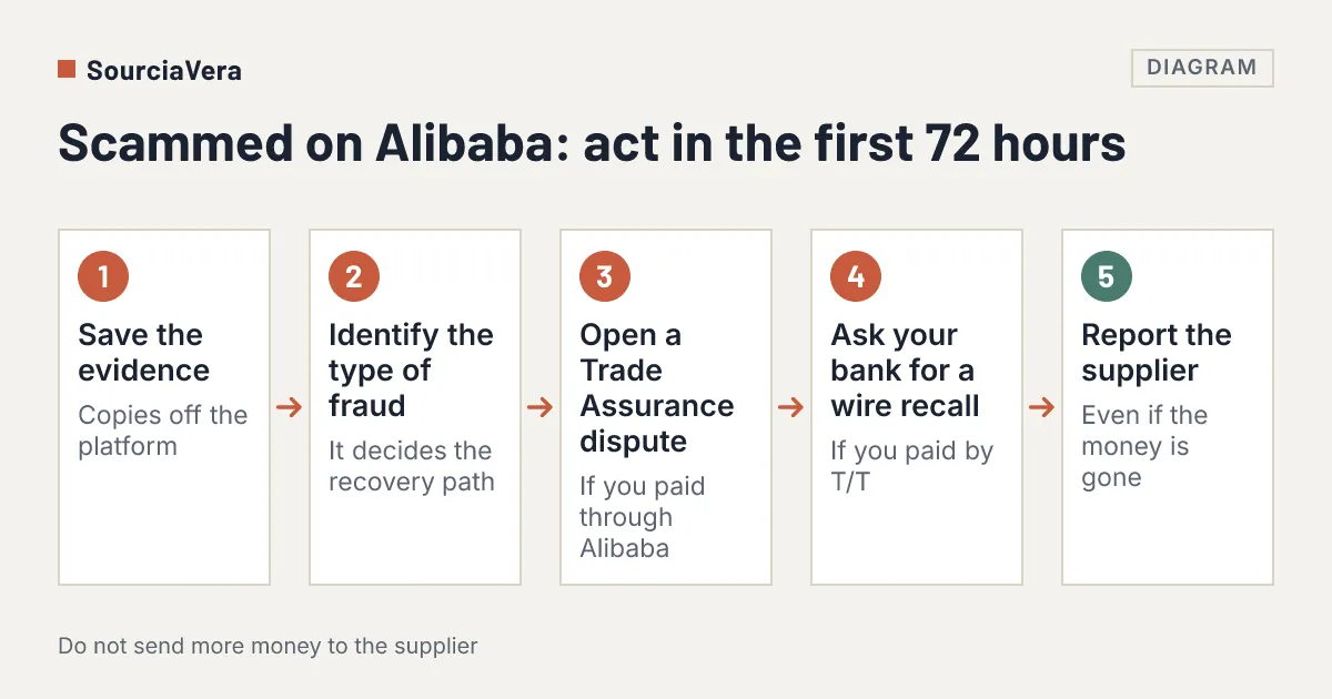 Diagram: Flow diagram of five steps to take in the first 72 hours after being scammed on Alibaba