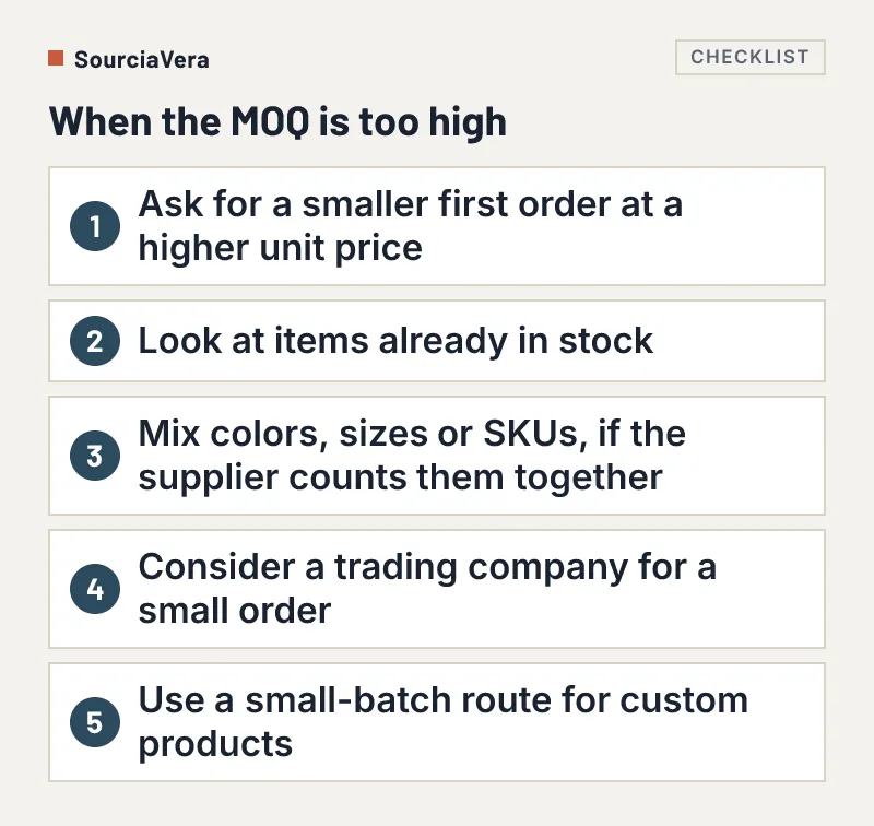 List of five options when an MOQ is too high for a small business