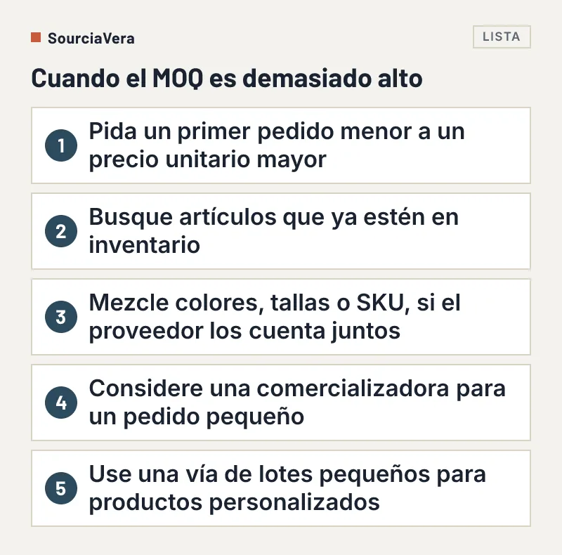 Lista de cinco opciones cuando un MOQ es demasiado alto para un pequeño negocio