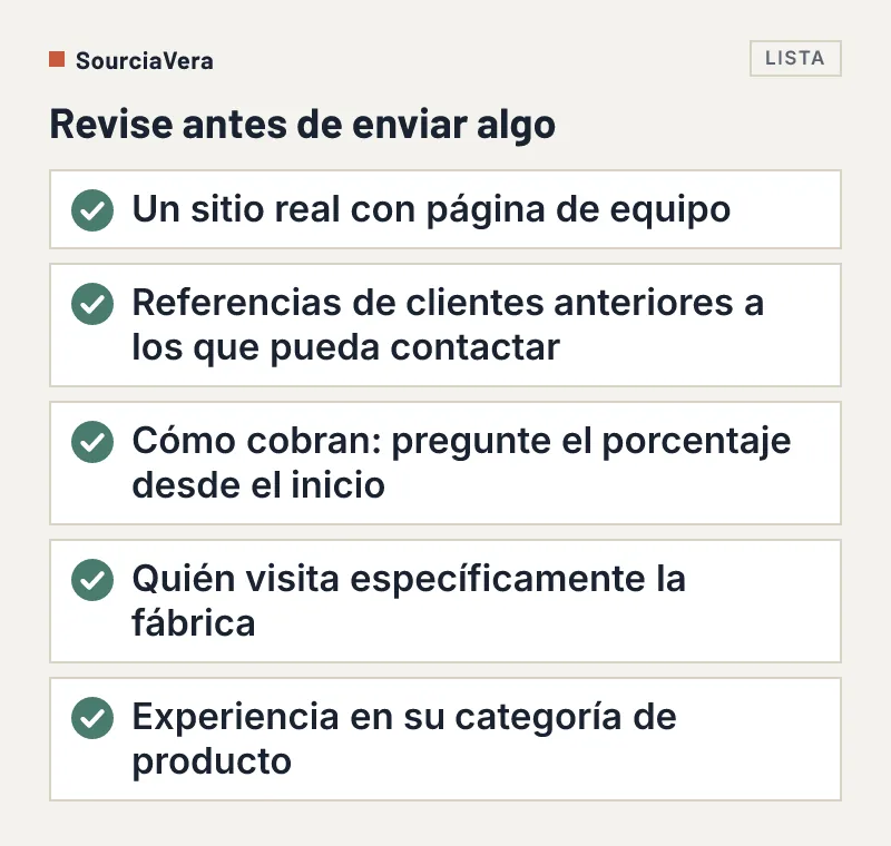 Lista de cinco revisiones antes de enviar algo a un agente de compras en China