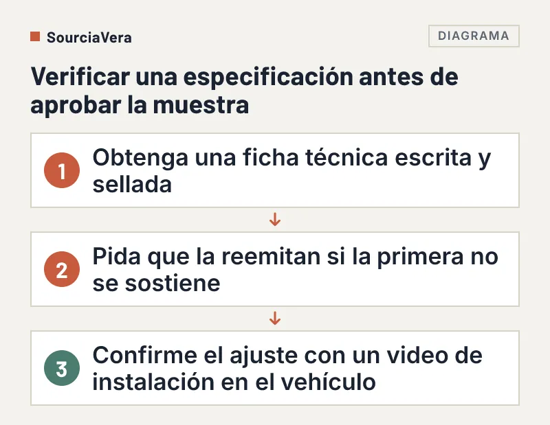 Diagrama de flujo: ficha técnica sellada por escrito, reemisión si hace falta, video de instalación en el vehículo
