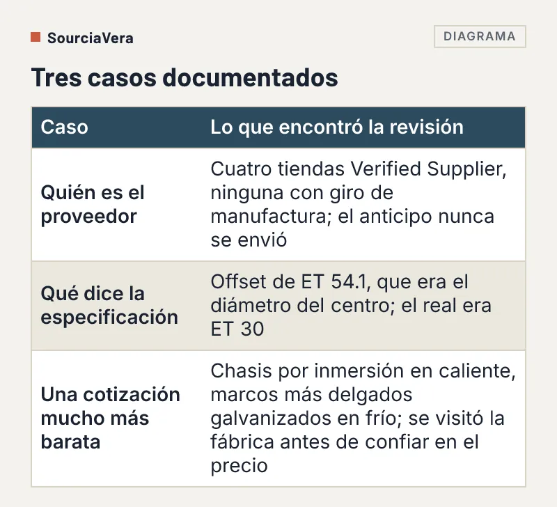 Tabla de tres casos documentados de compra y lo que encontró la revisión en cada uno