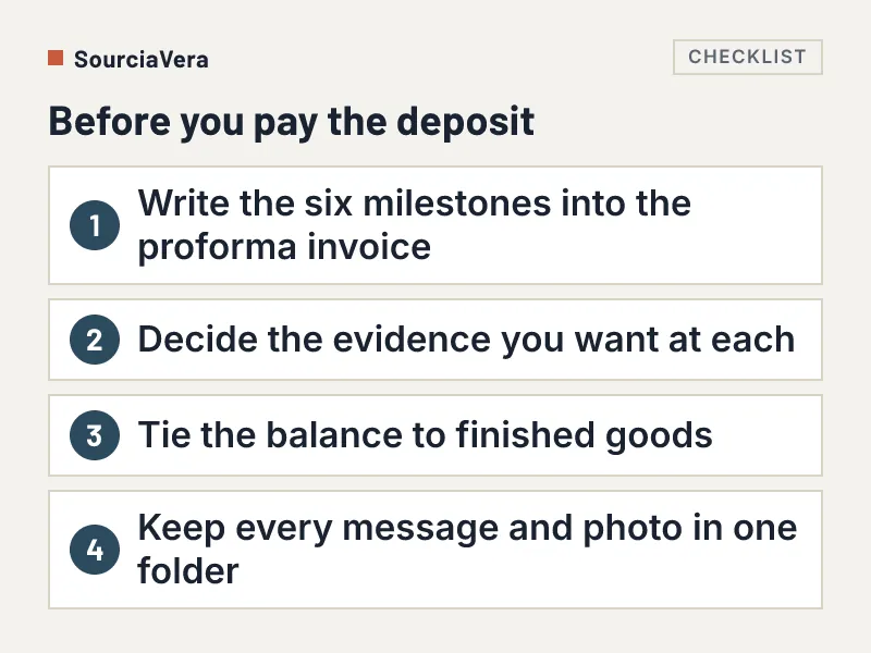 Numbered list of four steps to take before paying the deposit on a Chinese factory order