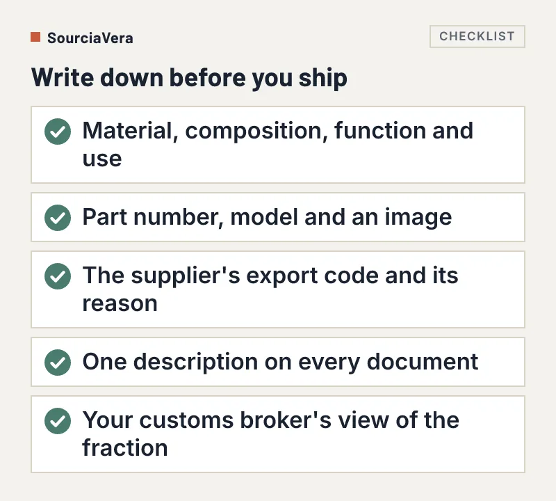 Checklist of five things to have the supplier write down before shipping so the tariff classification is clear