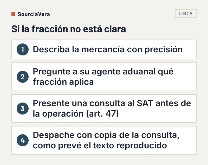 Lista numerada de cuatro pasos cuando la fracción arancelaria de un producto no está clara