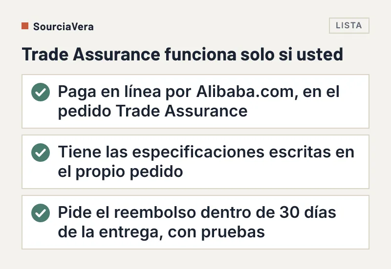 Lista de tres condiciones para que aplique la protección de Trade Assurance de Alibaba
