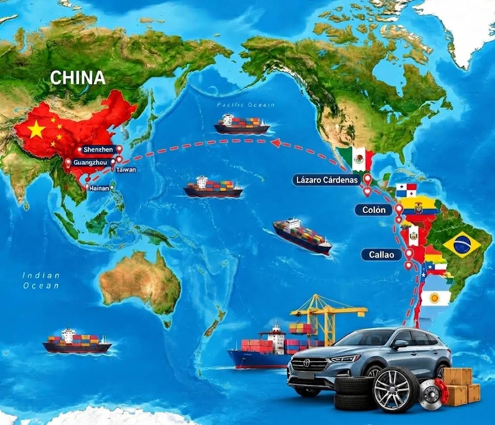 Shipping route map from Guangzhou, China to Latin American ports including Lázaro Cárdenas, Colón, and Callao