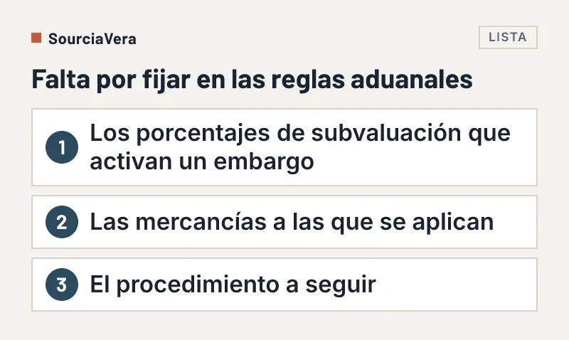 Lista numerada de tres puntos que la Agencia Nacional de Aduanas aún debe definir