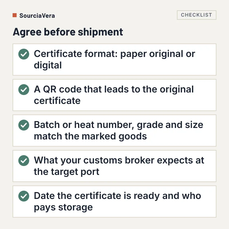 Checklist of five points to agree with the supplier about mill certificates before shipment
