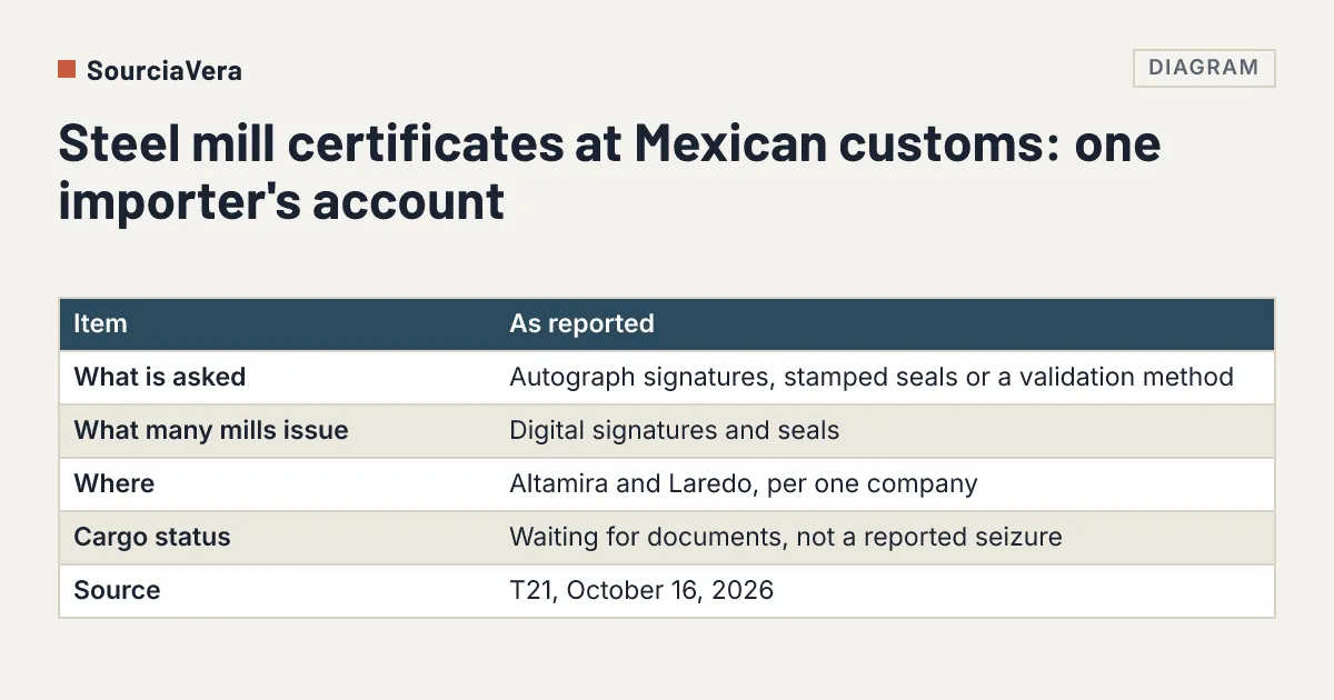Diagram: Table summarising one importer's account of customs checks on steel mill certificates in Mexico