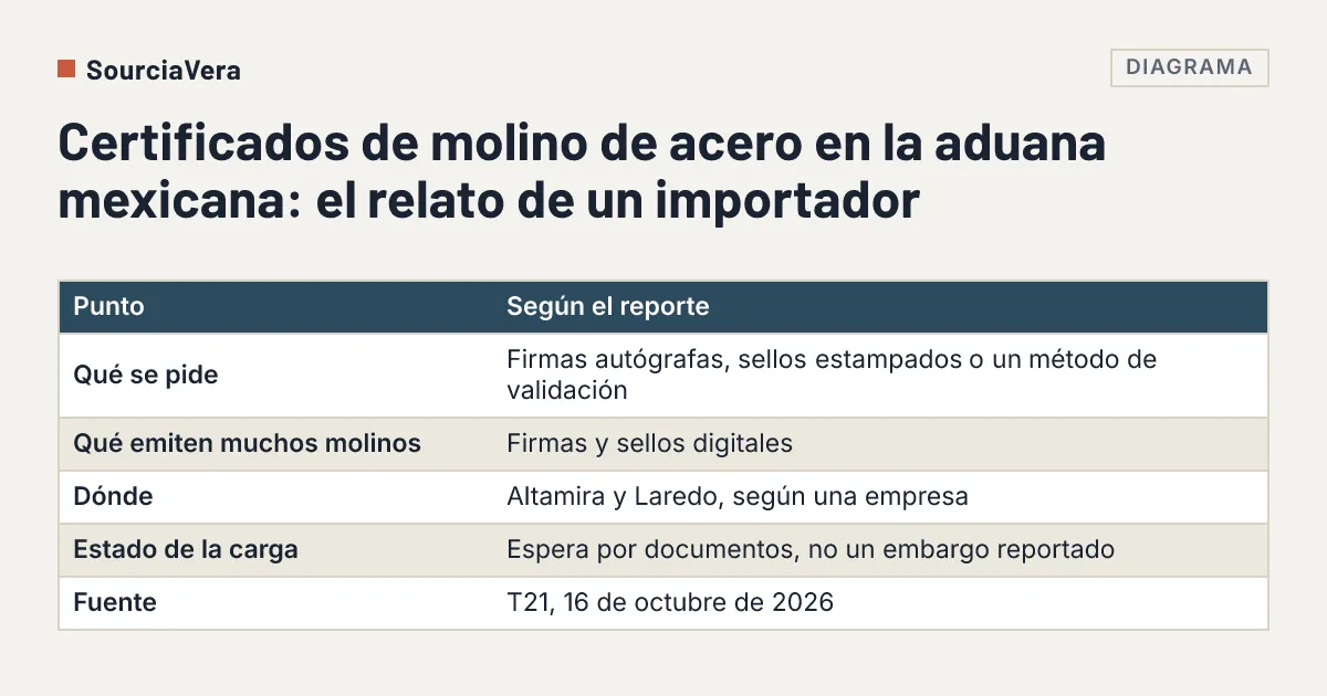 Diagrama: Tabla que resume el relato de un importador sobre las revisiones aduanales a los certificados de molino de acero en México