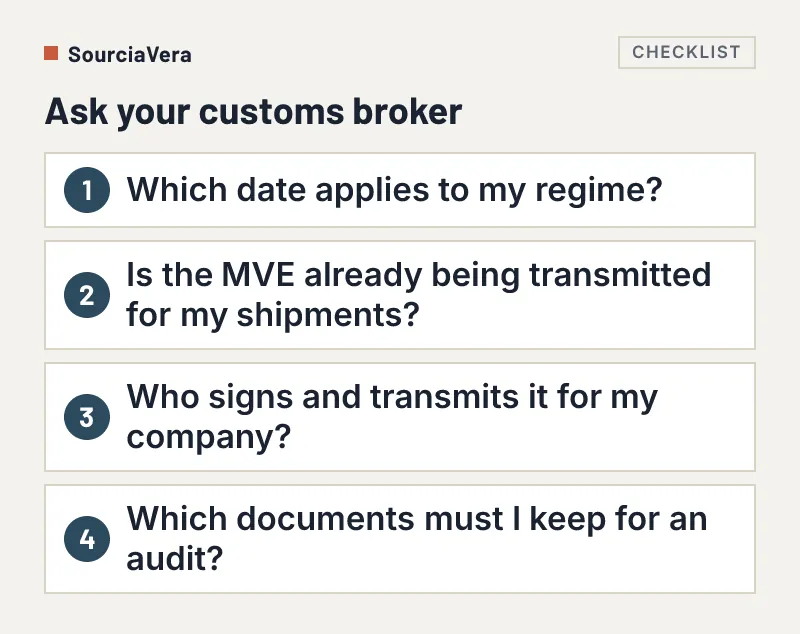 Numbered list of four questions to ask a customs broker about Mexico's electronic value declaration