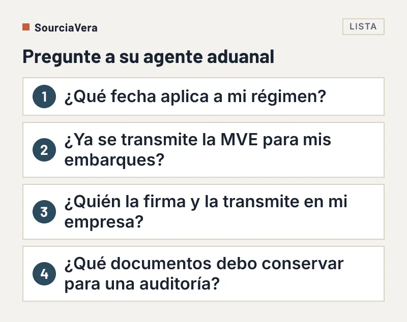 Lista numerada de cuatro preguntas para el agente aduanal sobre la manifestación de valor electrónica de México