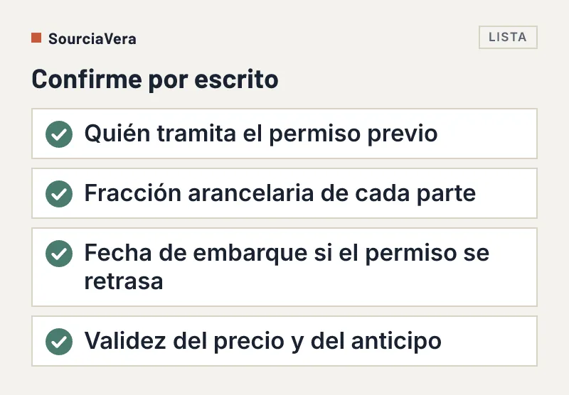 Lista de cuatro puntos que confirmar por escrito con el proveedor o el cliente por el permiso previo de la fracción 9803.00.01