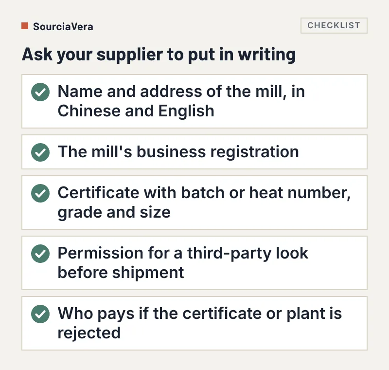 Checklist of five things to have a steel supplier put in writing about the mill and the certificate