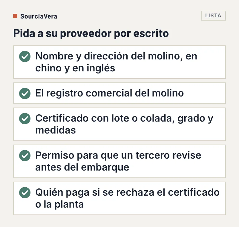 Lista de cinco puntos que pedir por escrito a un proveedor de acero sobre el molino y el certificado