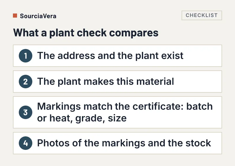 Numbered list of four things a third-party plant check compares for a steel supplier