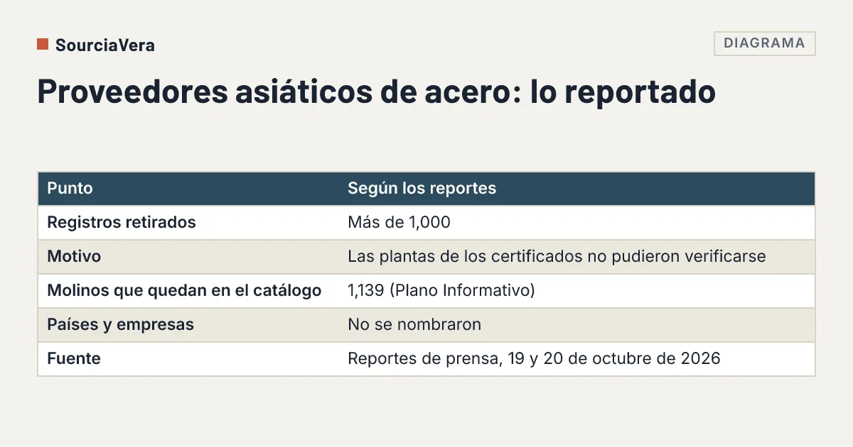 Diagrama: Tabla que resume el retiro reportado de más de 1,000 registros de proveedores asiáticos de acero en México