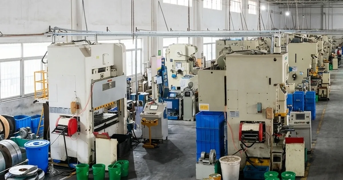 Stamping presses and coils of steel strip on a factory floor