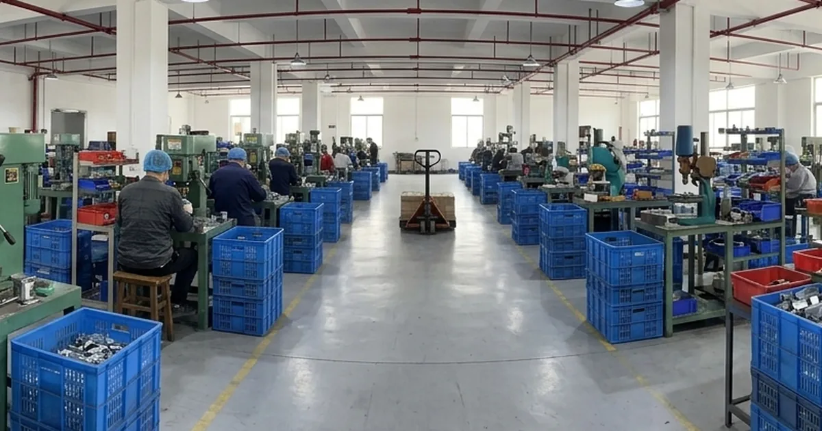Operarios en mesas de trabajo con cajas azules de piezas en una nave de producción