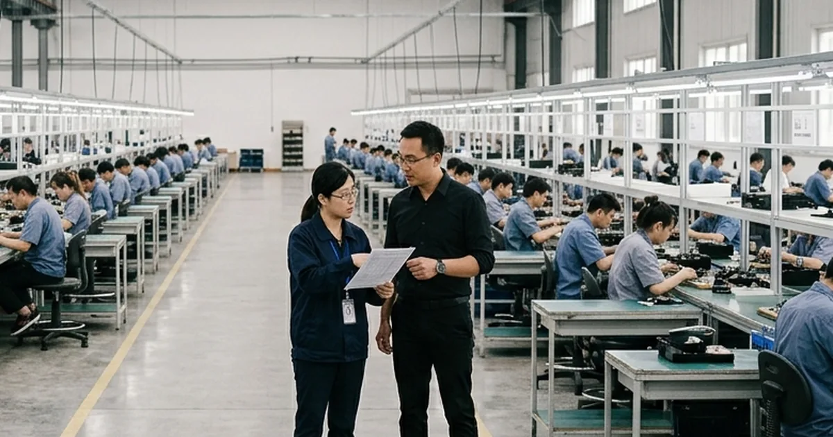 Dos personas revisan un documento en el pasillo de una nave de producción