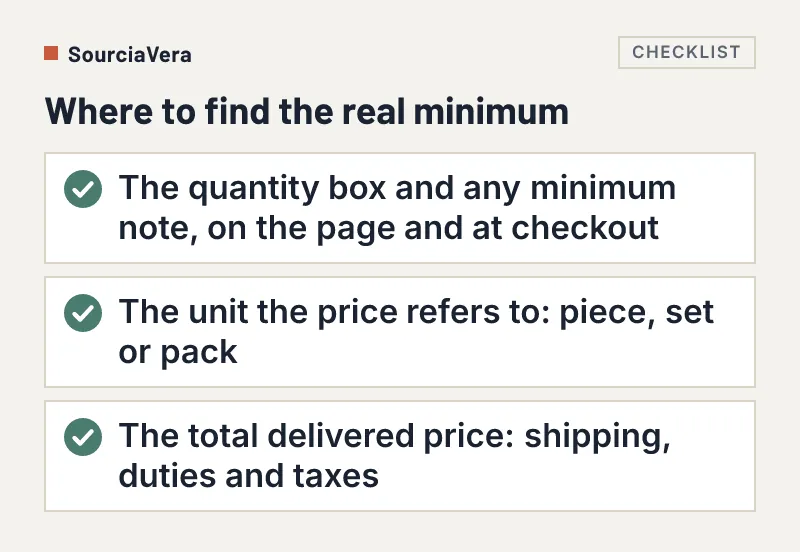 Checklist of three things to check on an AliExpress listing to find the real minimum order