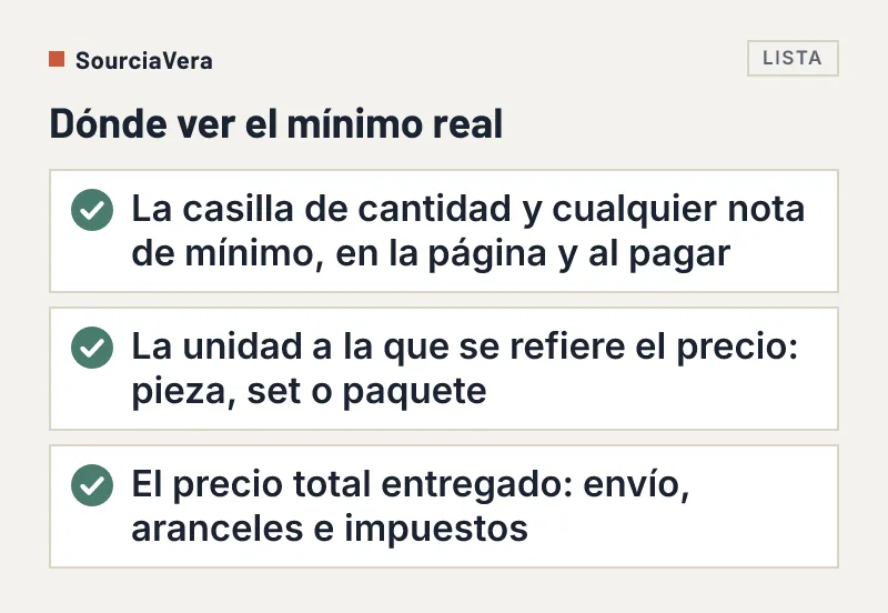 Lista de tres cosas por revisar en un anuncio de AliExpress para hallar el pedido mínimo real