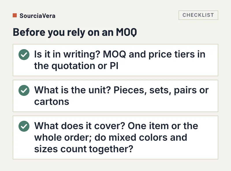 Checklist of three checks to confirm the real minimum order quantity