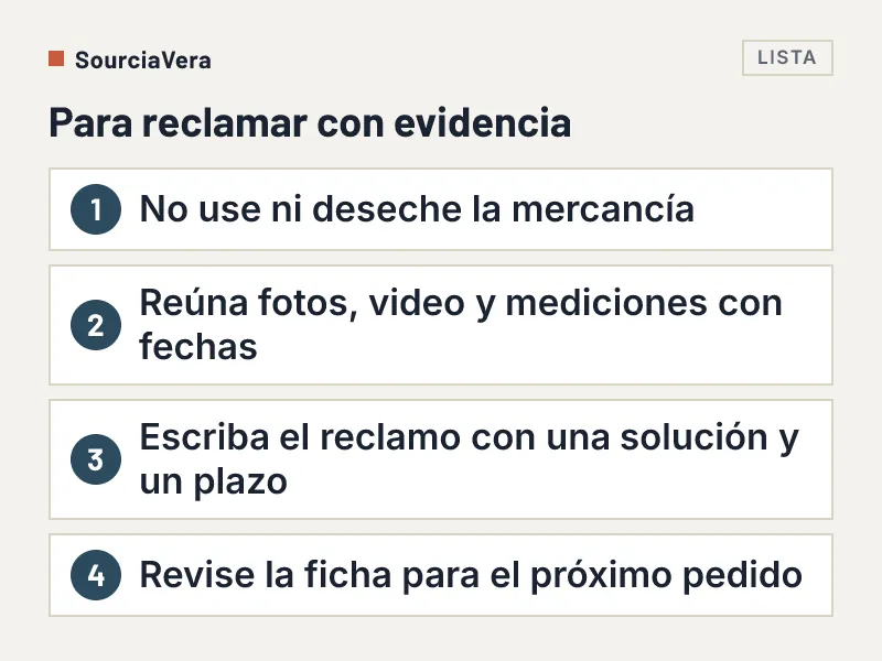 Lista numerada de cuatro pasos para reclamar a un proveedor chino con evidencia
