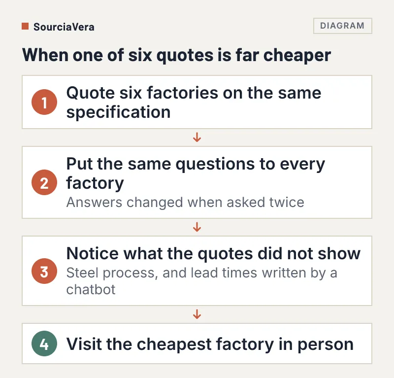 Flow diagram of four steps taken when one of six factory quotes was far cheaper
