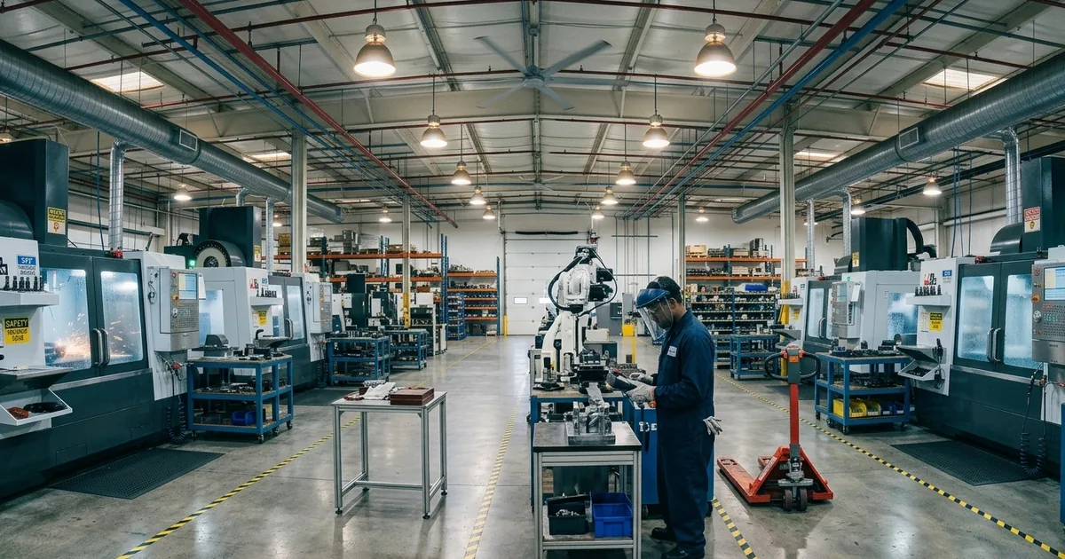 A worker in blue overalls checks parts beside CNC machines and a robot arm in a machining workshop