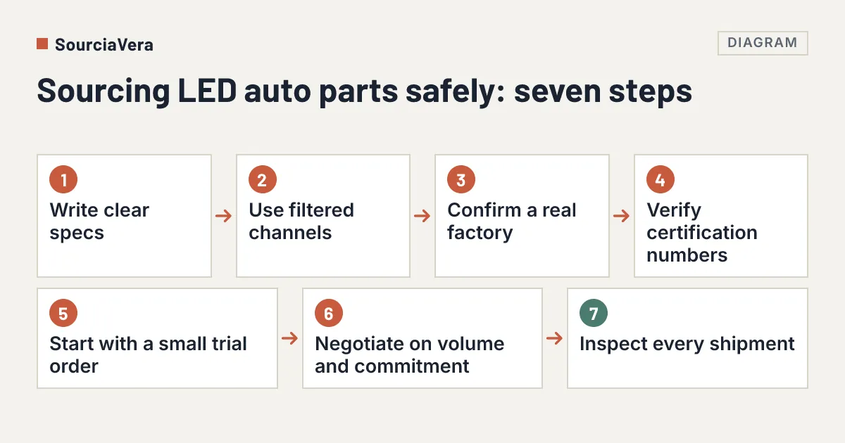 Diagram: Flow diagram of seven steps for sourcing LED auto parts from China safely