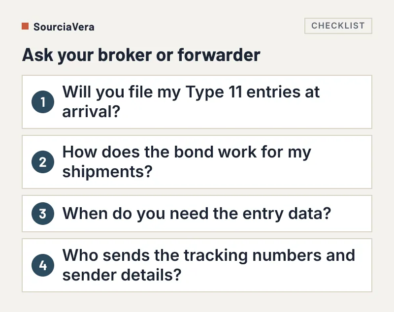 Numbered list of four questions to ask a customs broker or forwarder about low-value entries