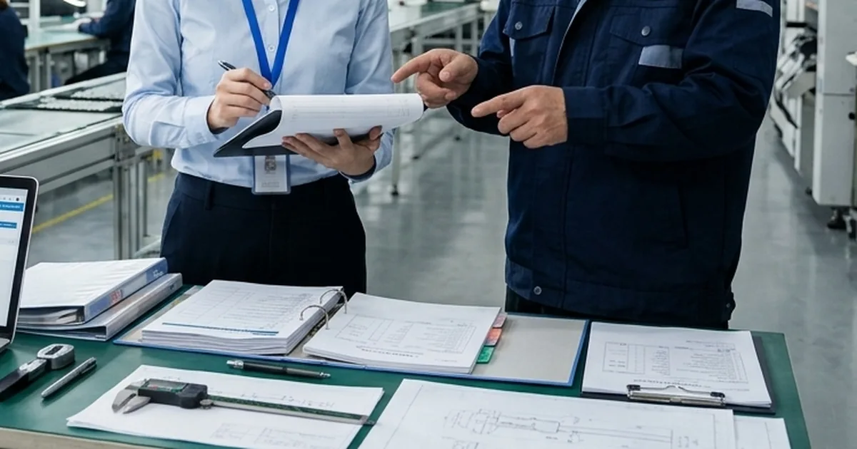 Binders and papers on a worktable beside a laptop in a factory workshop